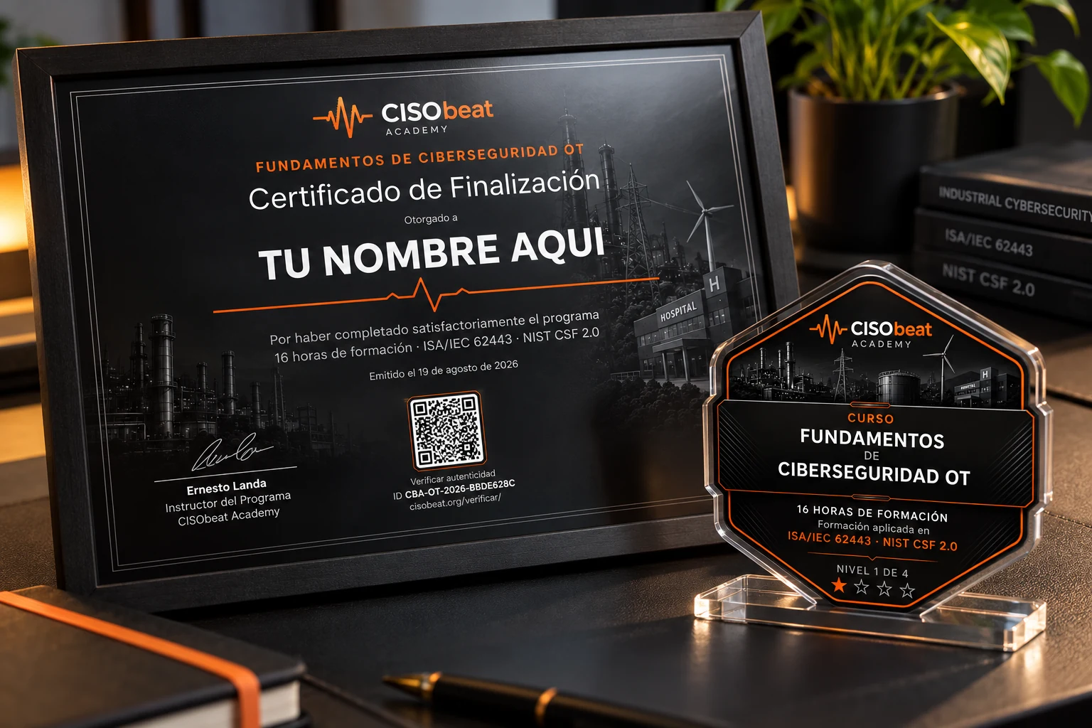 Imagen referencial del certificado de finalización y la insignia de nivel 1 de Fundamentos de Ciberseguridad OT, con identidad CISObeat Academy.