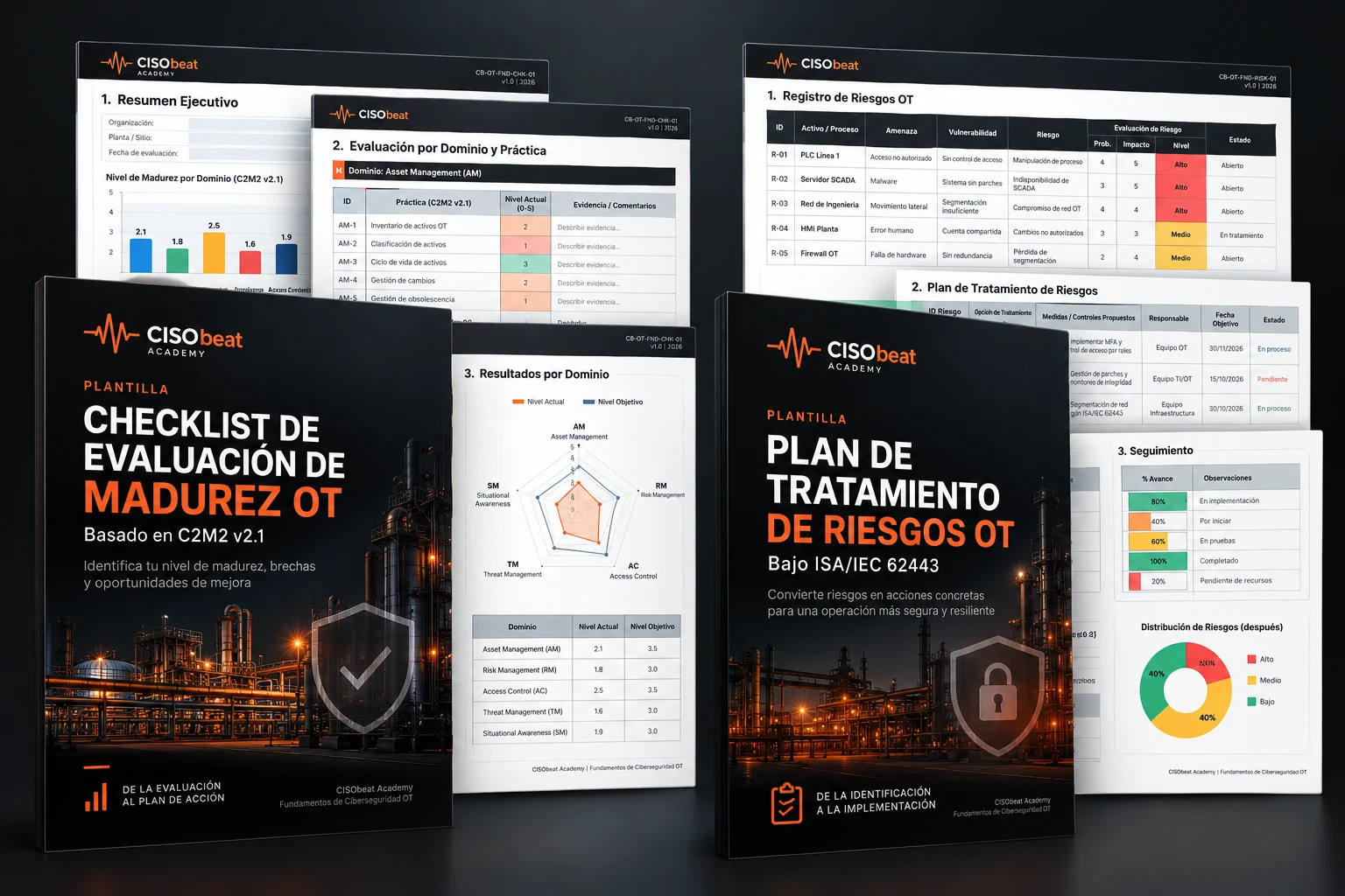 Vista de las plantillas CISObeat: checklist de evaluación de madurez OT basado en C2M2 v2.1 y plan de tratamiento de riesgos OT bajo ISA/IEC 62443.