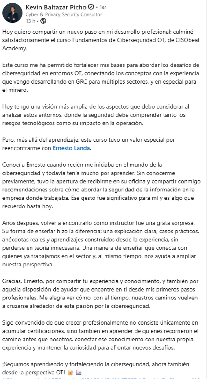 Captura de la publicación de LinkedIn: Kevin Baltazar Picho, parte 1.