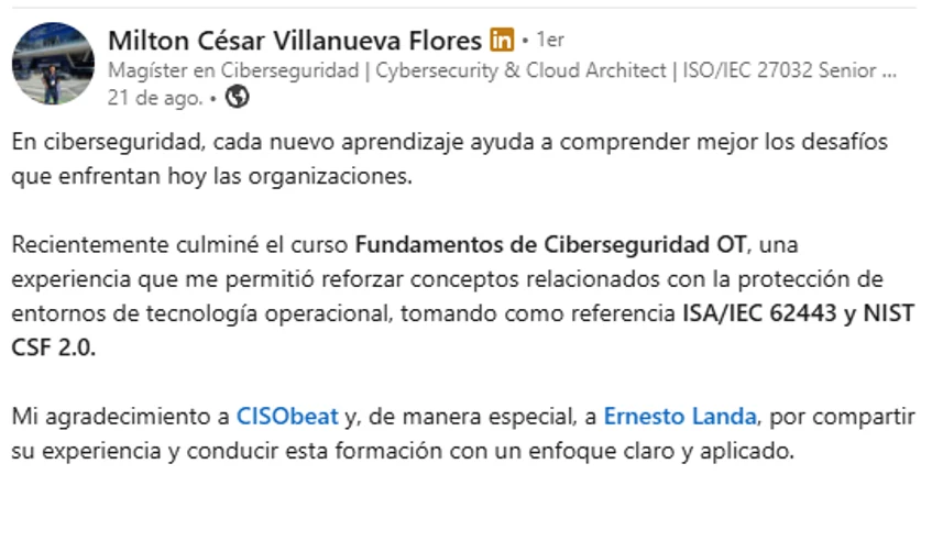 Captura de la publicación de LinkedIn: Milton César Villanueva Flores, parte 1.