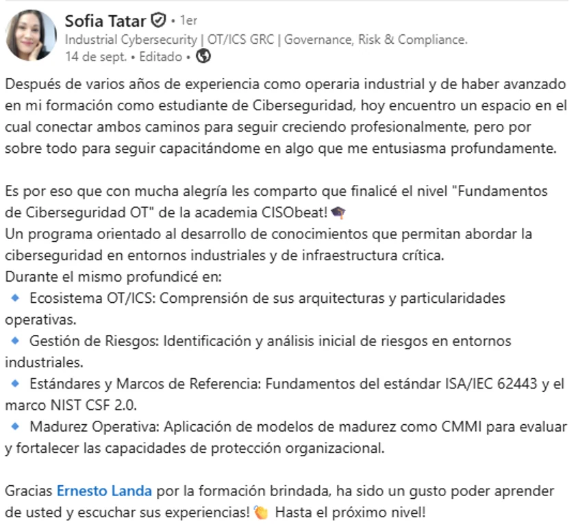 Captura de la publicación de LinkedIn: Sofia Tatar, parte 1.